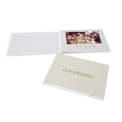 Customized Our Wedding Gold Foil Linen Video Brochure 7 Inch TFT LCD Screen 4GB Storage Rechargeable Battery Linen Video Book