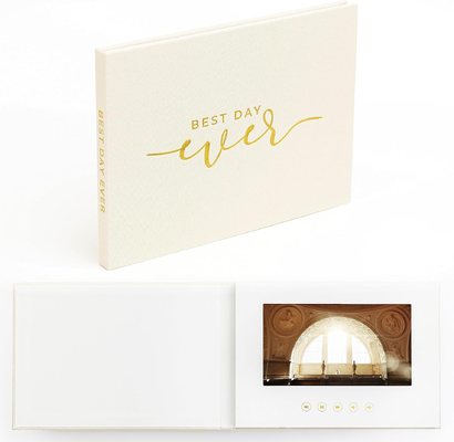 Customized Our Wedding Gold Foil Linen Video Brochure 7 Inch TFT LCD Screen 4GB Storage Rechargeable Battery Linen Video Book