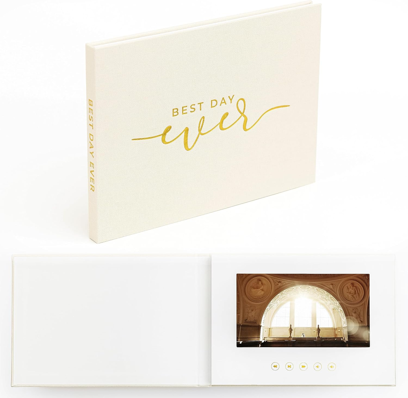 Customized Our Wedding Gold Foil Linen Video Brochure 7 Inch TFT LCD Screen 4GB Storage Rechargeable Battery Linen Video Book
